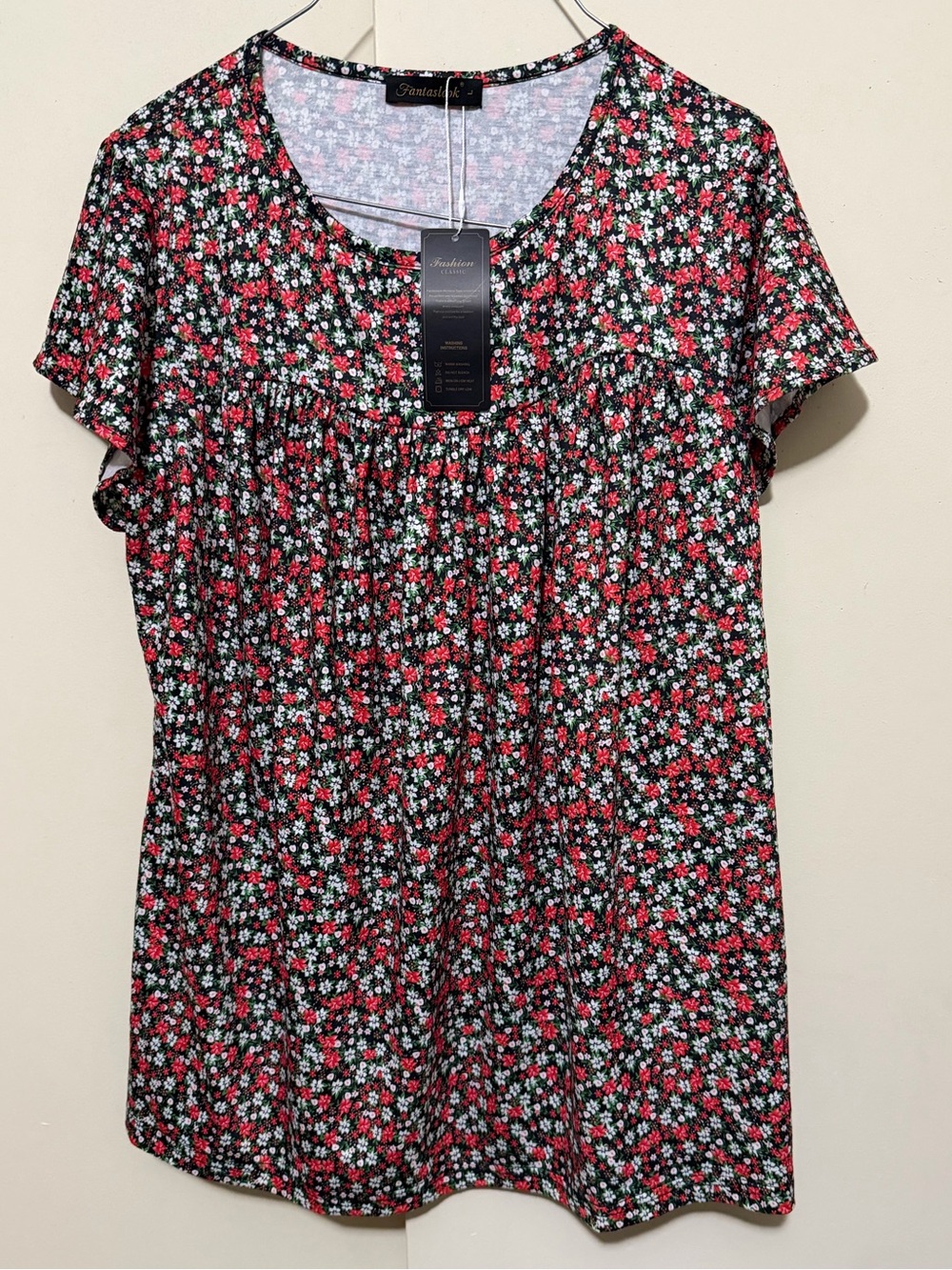 Fantasia Red Floral Short-Sleeve Scoop Neck Top